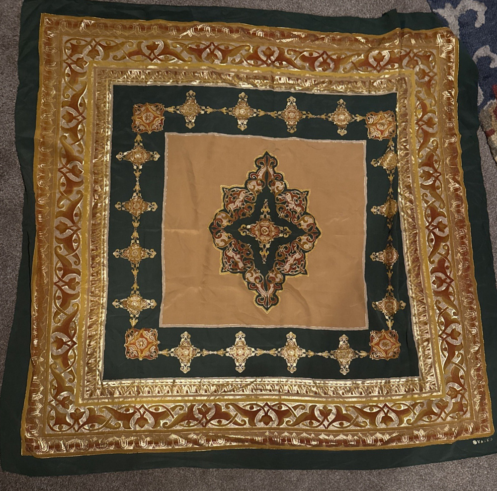 Vakko 100% Silk Scarf Green Gold Foil Ottoman Iznik Floral Turkey 46"x50"